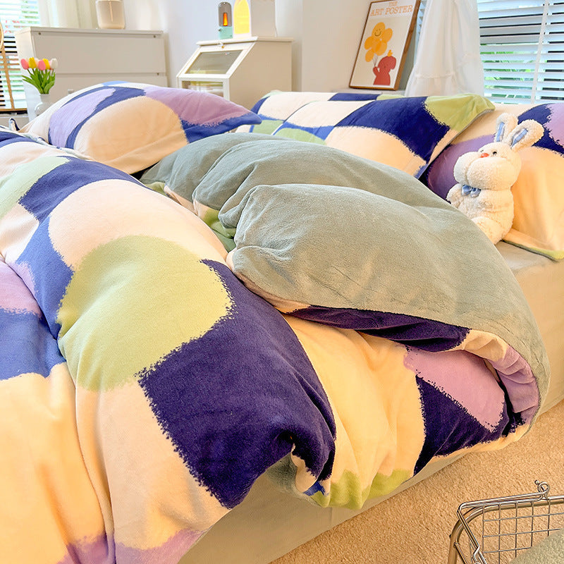 KTX-696147 Milk Velvet Nordic Style Duvet Cover Flannel Bed Sheet Set with Geometric Patterns - Three-piece Collection