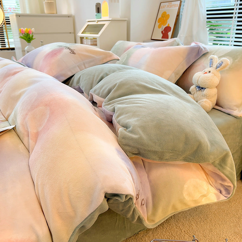 KTX-696147 Milk Velvet Nordic Style Duvet Cover Flannel Bed Sheet Set with Geometric Patterns - Three-piece Collection