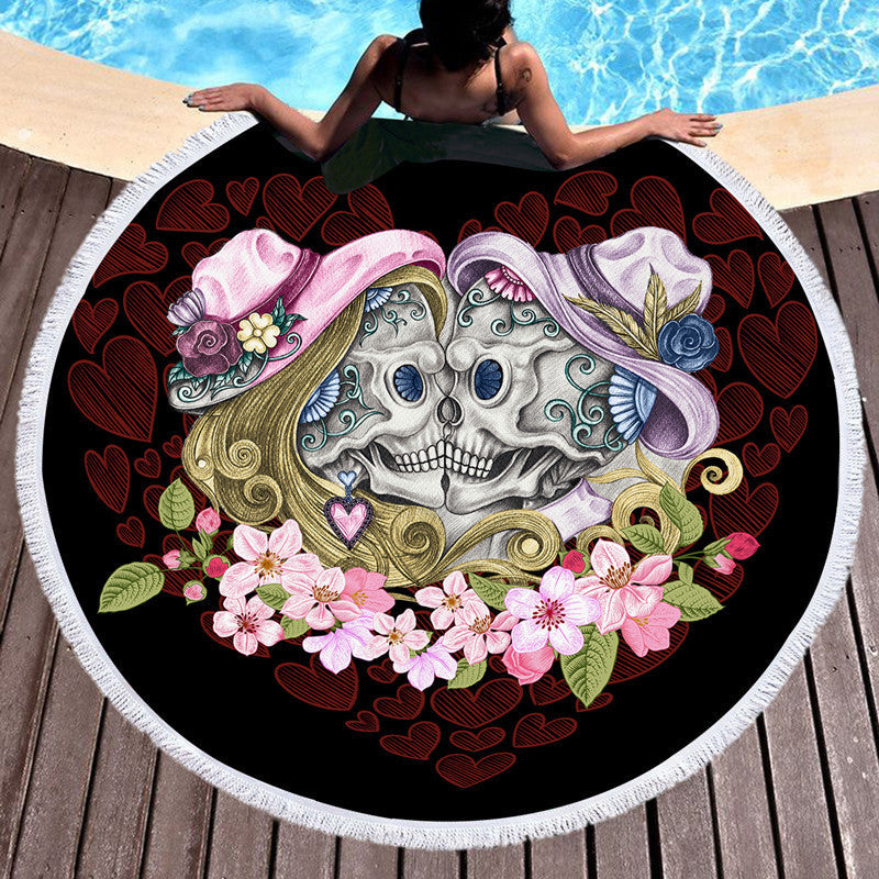 KTX-697555 Skull Print Round Beach Towel with Tassel Lace, 150cm Microfiber Picnic Mat