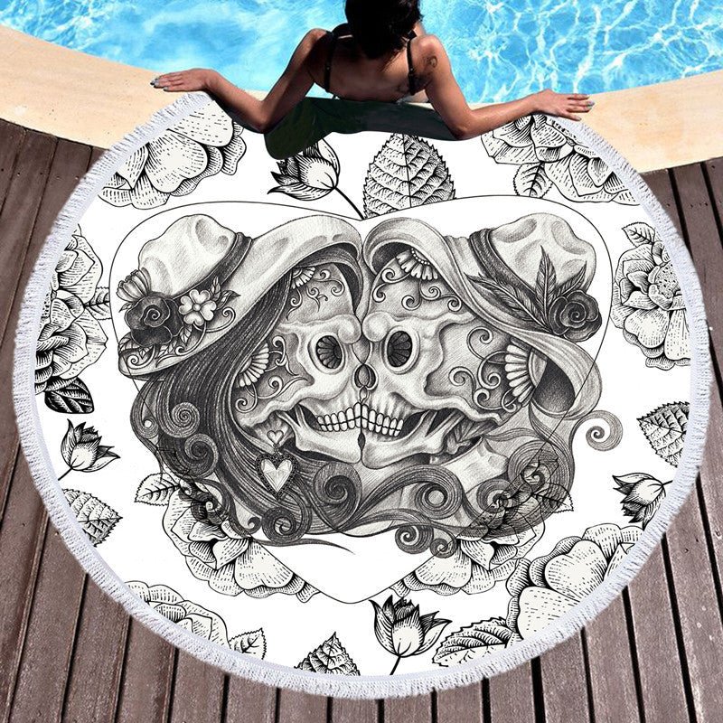 KTX-697555 Skull Print Round Beach Towel with Tassel Lace, 150cm Microfiber Picnic Mat