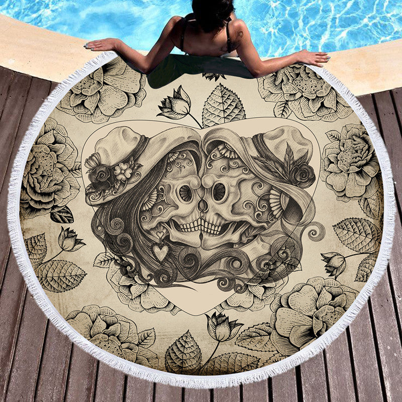 KTX-697555 Skull Print Round Beach Towel with Tassel Lace, 150cm Microfiber Picnic Mat