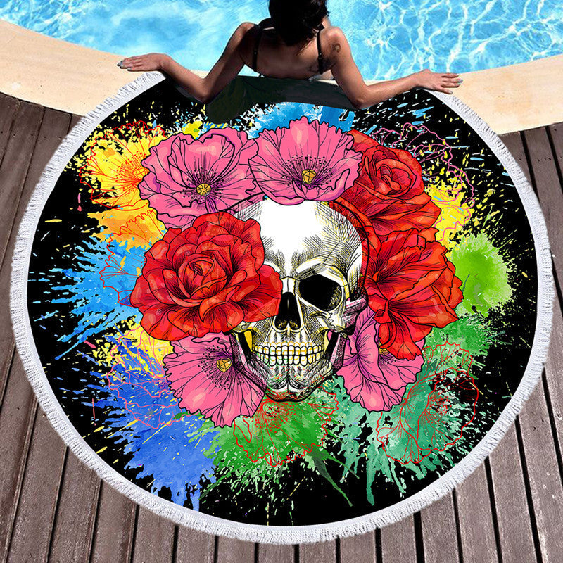 KTX-697555 Skull Print Round Beach Towel with Tassel Lace, 150cm Microfiber Picnic Mat