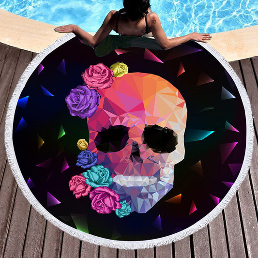 KTX-697555 Skull Print Round Beach Towel with Tassel Lace, 150cm Microfiber Picnic Mat