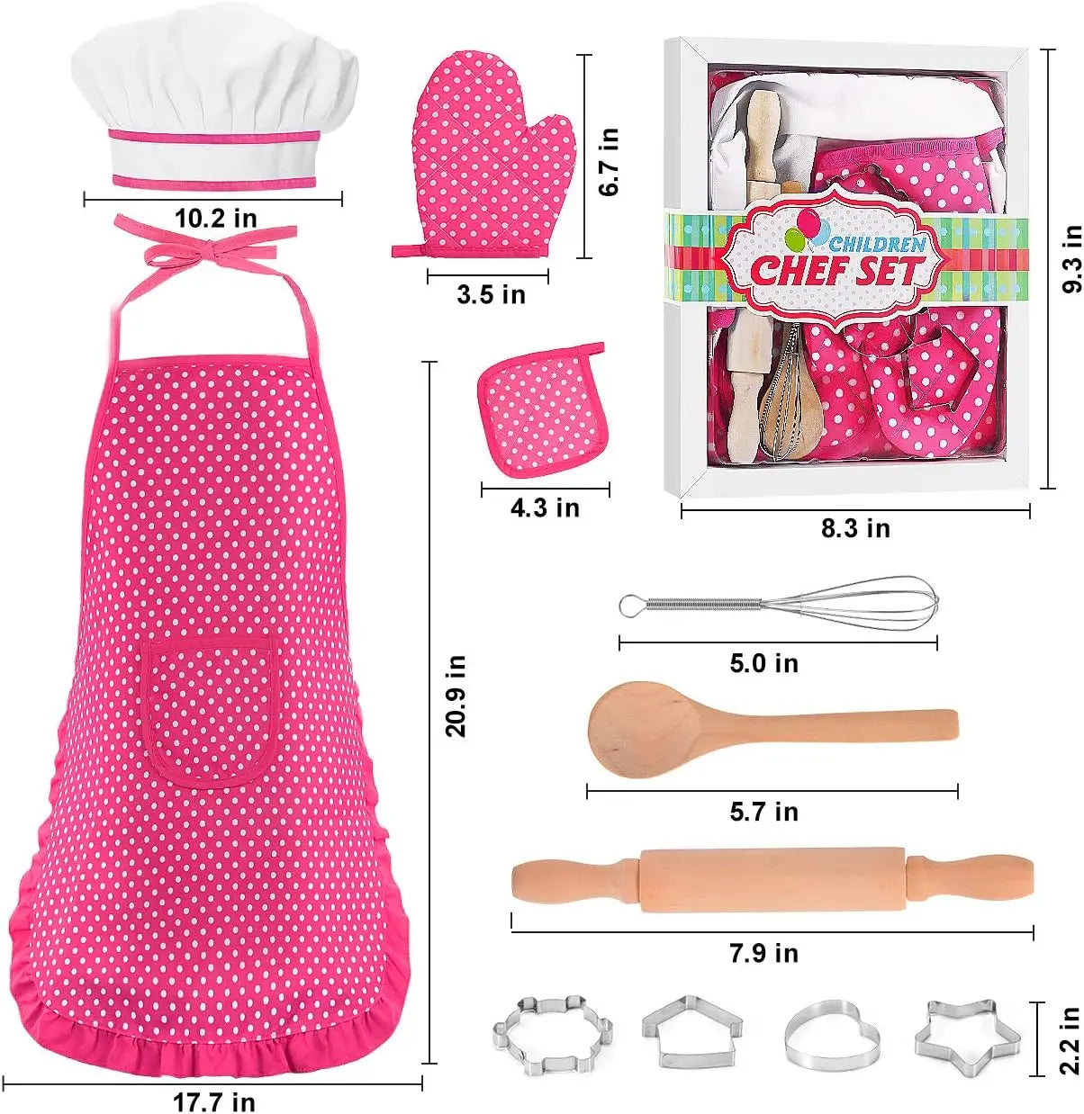 KTX-697811 Kids Apron Set for Cooking and Baking, 11-Piece Cotton Kitchen Playset for Ages 2-13