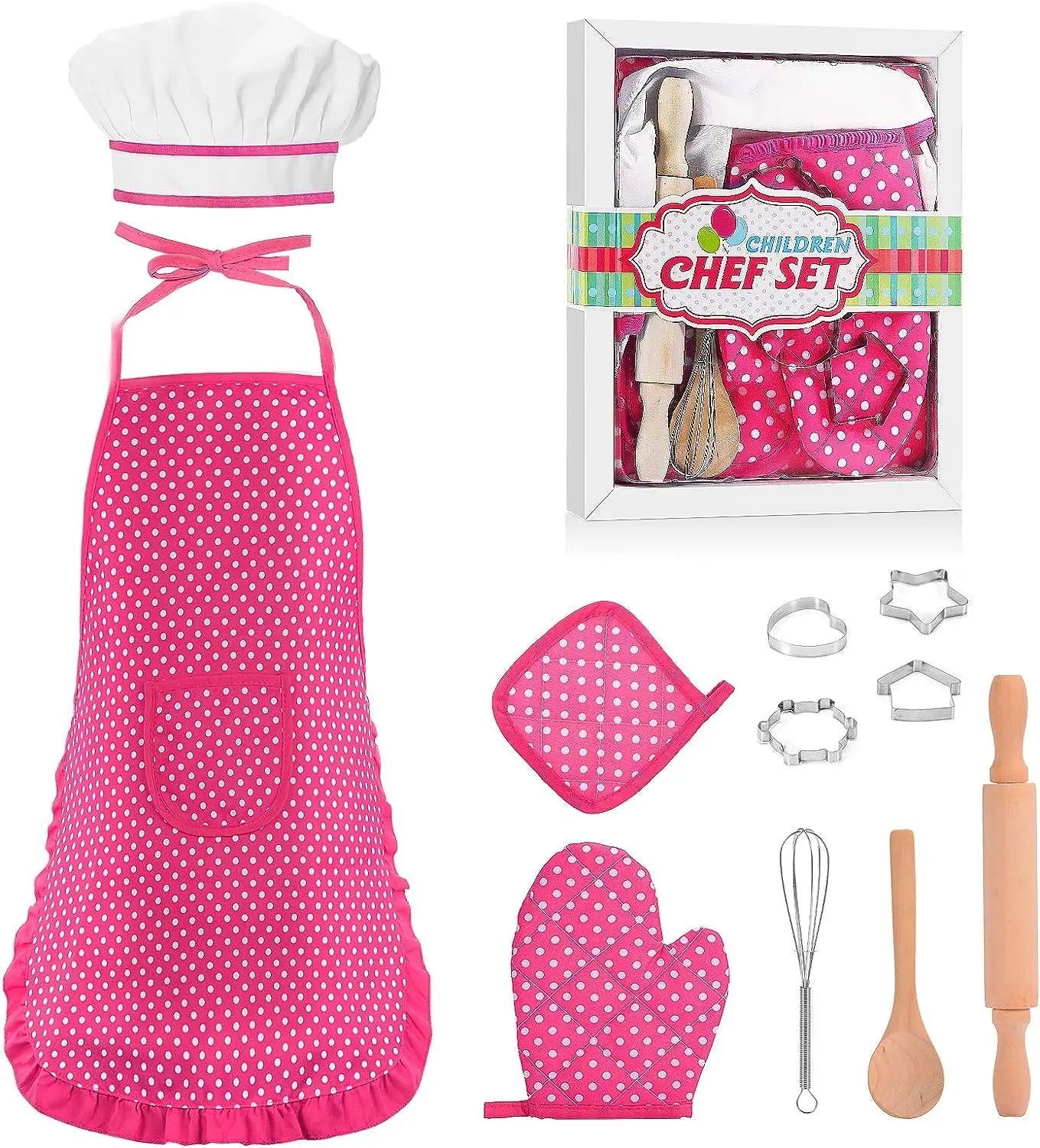 KTX-697811 Kids Apron Set for Cooking and Baking, 11-Piece Cotton Kitchen Playset for Ages 2-13