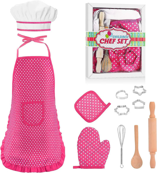 KTX-697811 Kids Apron Set for Cooking and Baking, 11-Piece Cotton Kitchen Playset for Ages 2-13