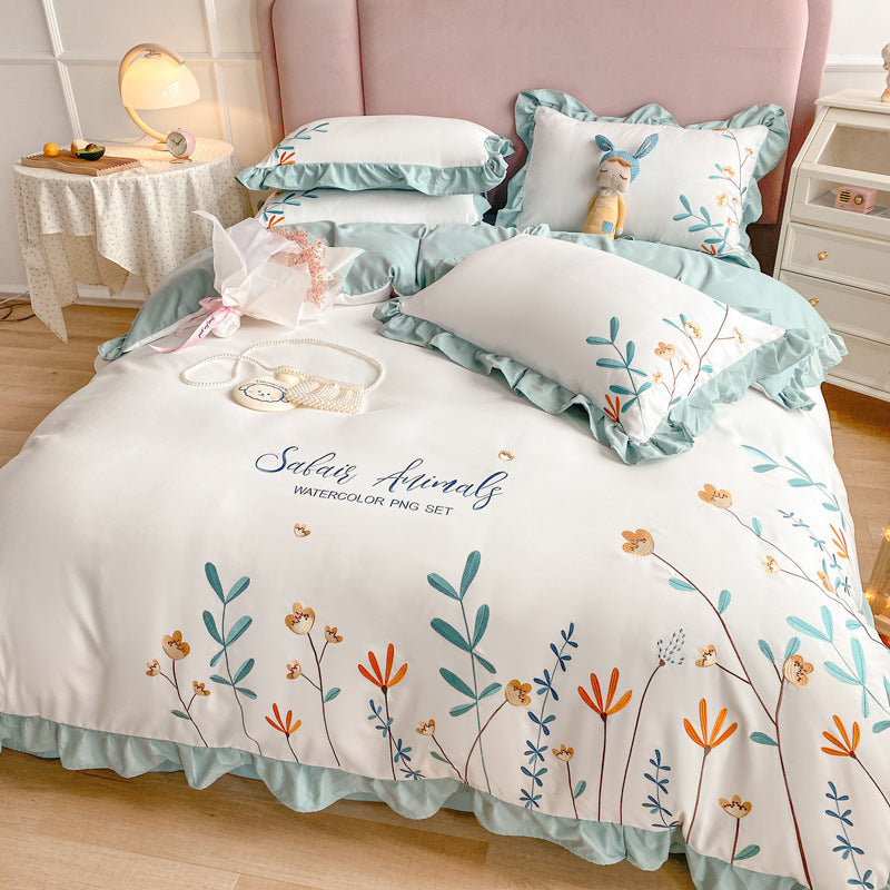 KTX-699283 Washed Cotton Four-Piece Embroidered Quilt Cover Set with Floral Designs