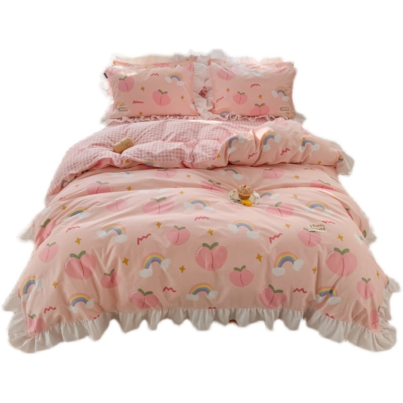 KTX-700435 Pure Cotton Girls' Heart Princess Bedding Set with Duvet Cover, Pillow, and Sheet - Soft and Breathable