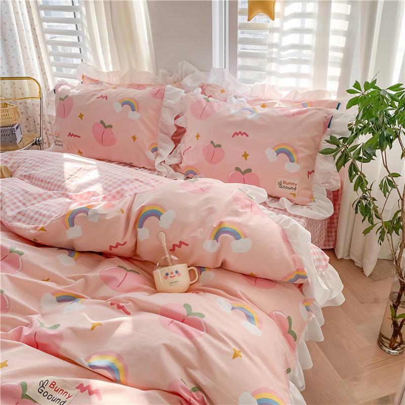 KTX-700435 Pure Cotton Girls' Heart Princess Bedding Set with Duvet Cover, Pillow, and Sheet - Soft and Breathable