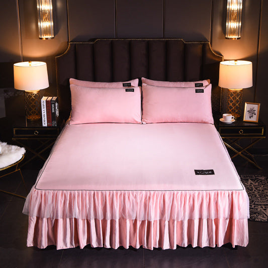 KTX-702419 Washed Silk Solid Color Bed Skirt and Pillowcase Set in Various Sizes and Colors