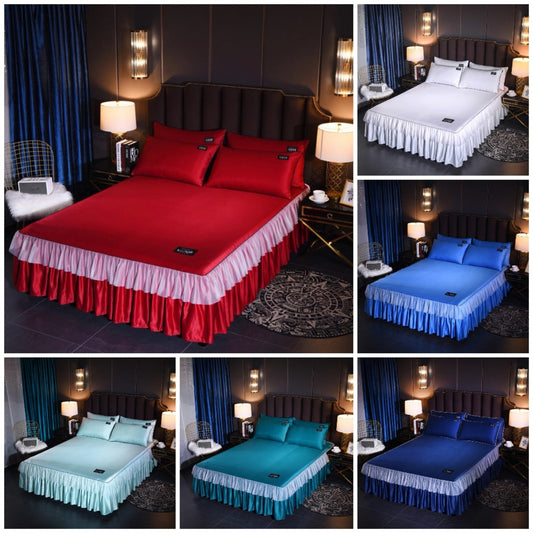 KTX-702419 Washed Silk Solid Color Bed Skirt and Pillowcase Set in Various Sizes and Colors