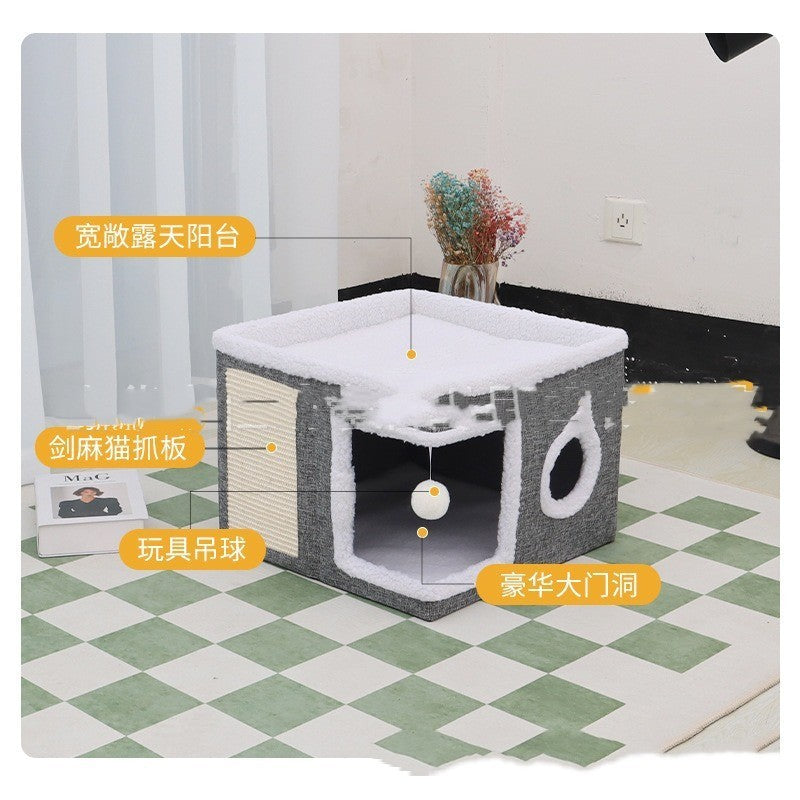 KTX-702867 Double-Layer Foldable Cat Nest Villa – Dark Gray Pet Bed and Cage