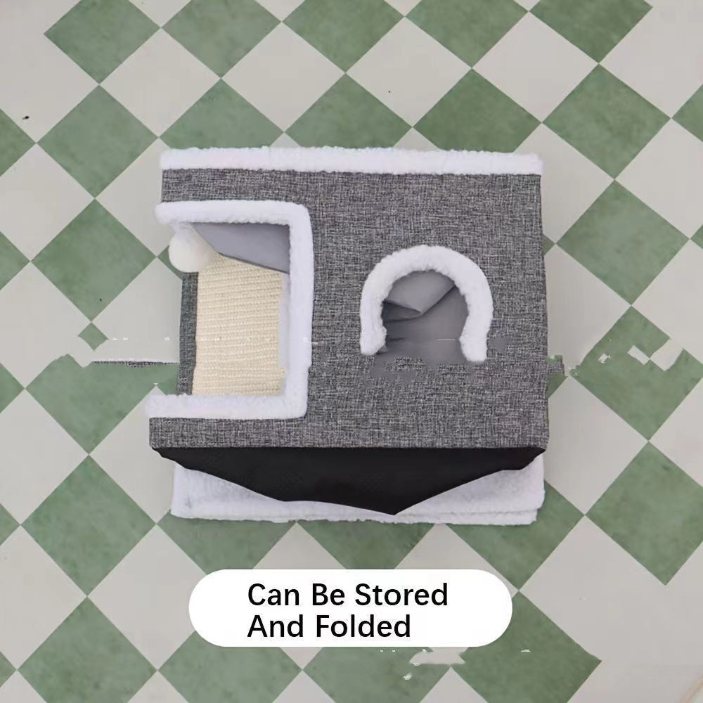 KTX-702867 Double-Layer Foldable Cat Nest Villa – Dark Gray Pet Bed and Cage