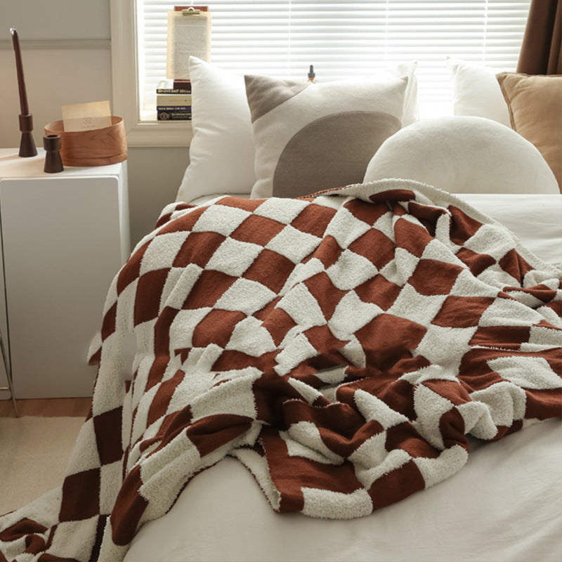 KTX-703507 Checkerboard Pattern Lamb Fleece Sofa Blanket in Multiple Colors - Cozy and Stylish Home Accessory