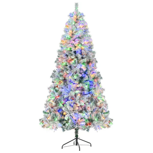 KTX-705491 6FT Snow Flocked Pre-Lit Hinged Artificial Christmas Tree Set with Colorful LED Lights, Garland, and Wreath