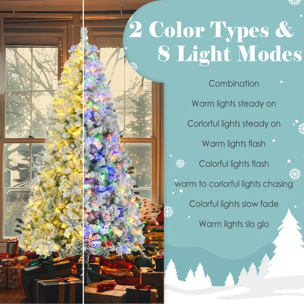 KTX-705491 6FT Snow Flocked Pre-Lit Hinged Artificial Christmas Tree Set with Colorful LED Lights, Garland, and Wreath