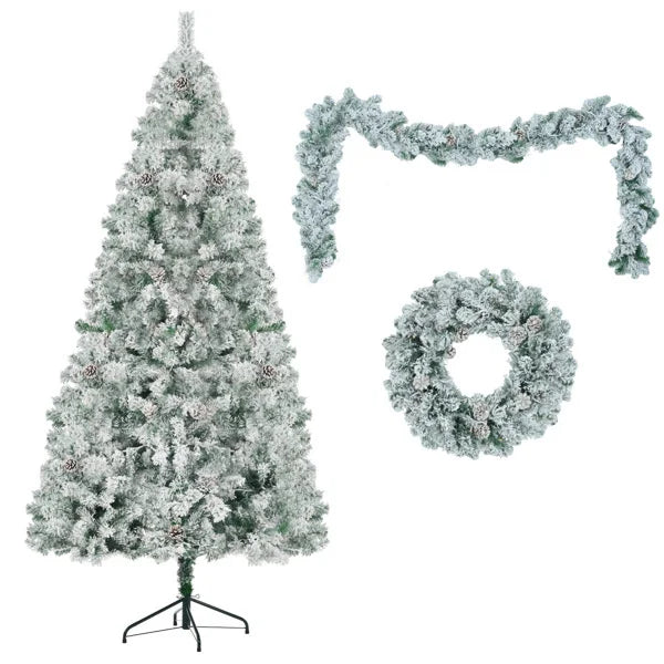 KTX-705491 6FT Snow Flocked Pre-Lit Hinged Artificial Christmas Tree Set with Colorful LED Lights, Garland, and Wreath
