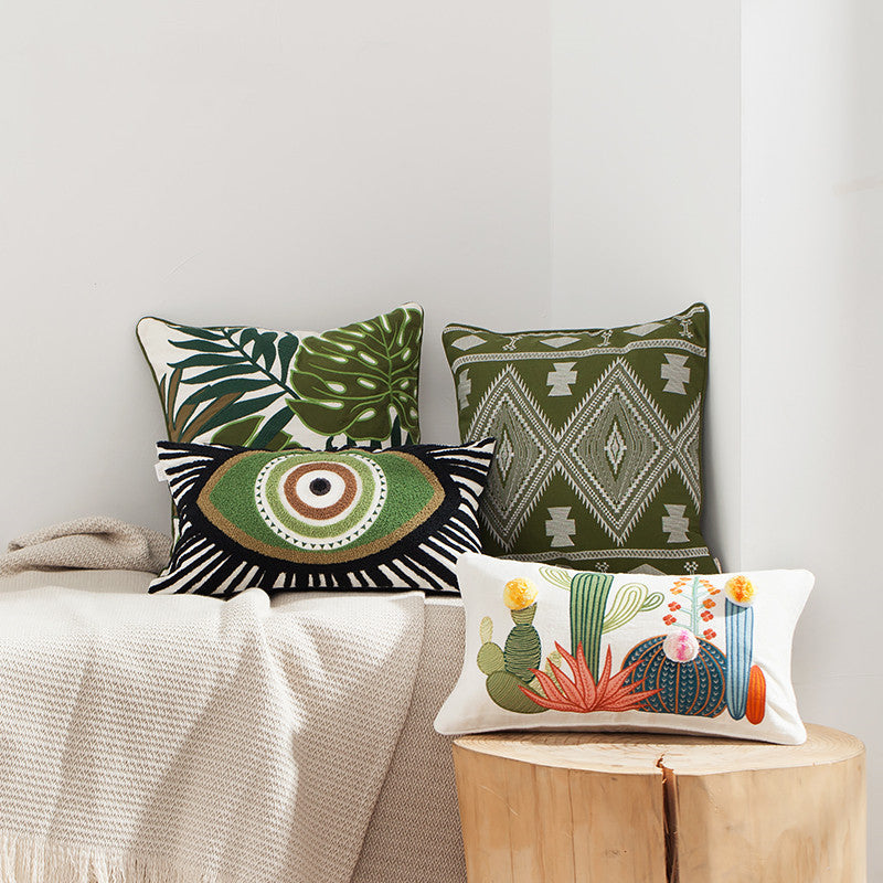 KTX-705939 Nordic Green Cactus Embroidered Throw Pillow - Available in 45x45cm and 30x50cm