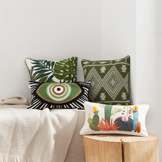 KTX-705939 Nordic Green Cactus Embroidered Throw Pillow - Available in 45x45cm and 30x50cm