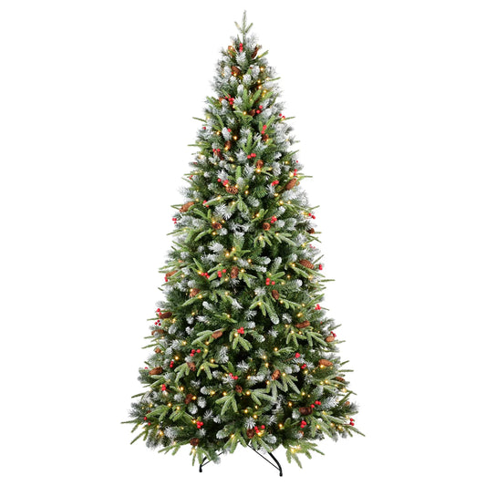 KTX-706643 7FT Christmas Tree with 450 Warm White LED Lights, Snow-Tipped Branches, Pine Cones, and Red Berries