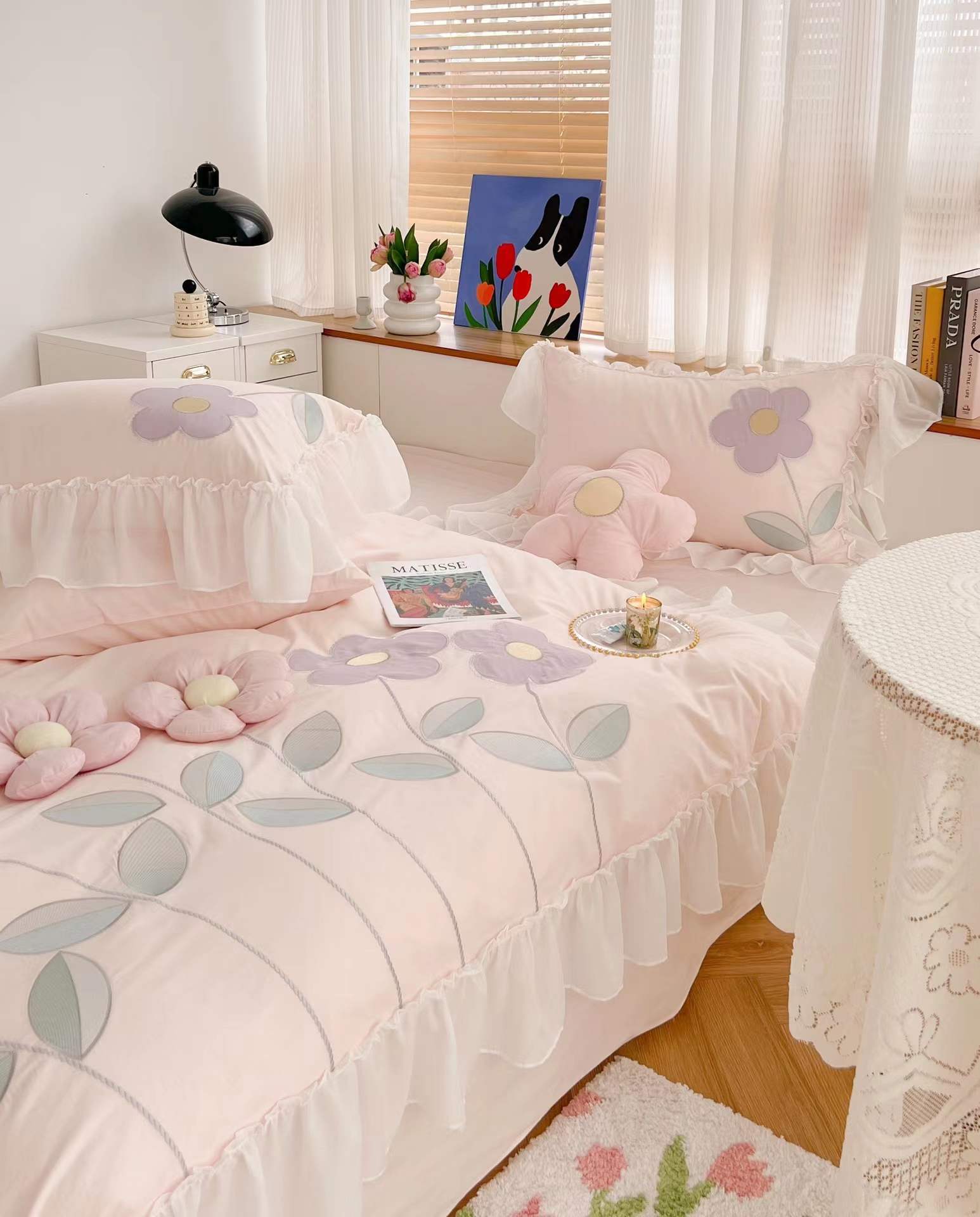KTX-708499 Floral Three-Dimensional Embroidery Cotton Quilt Cover Set - 4 Piece Bed Sheet for 1.5m and 1.8m Beds