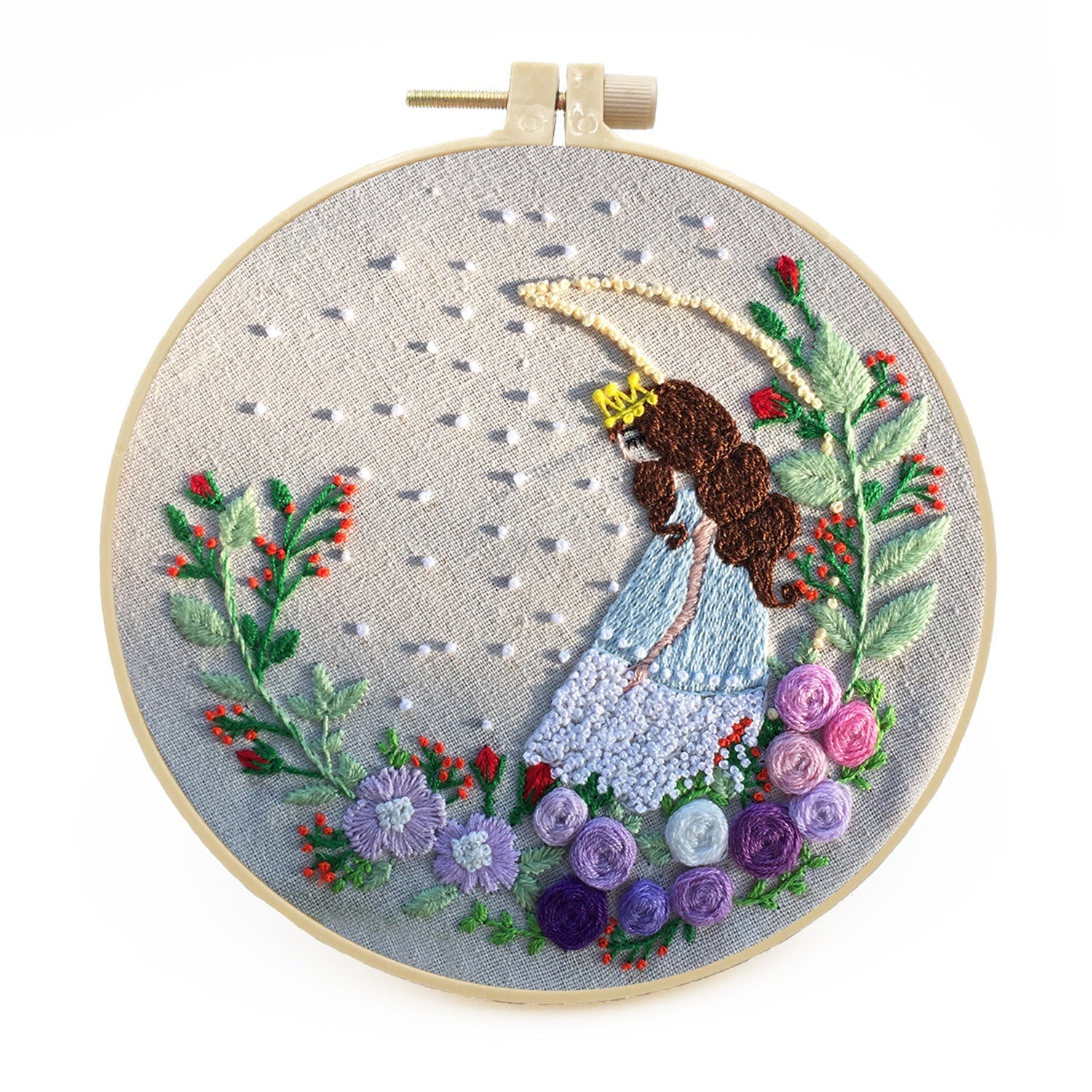 KTX-709331 Handmade Embroidery Kit with 15cm Frame - Moon Goddess, Cute Princess, Flower Fairy, Forest Princess, Earth Girl, Pure Rose, Miles Peach Blossom, Flower Cluster Designs