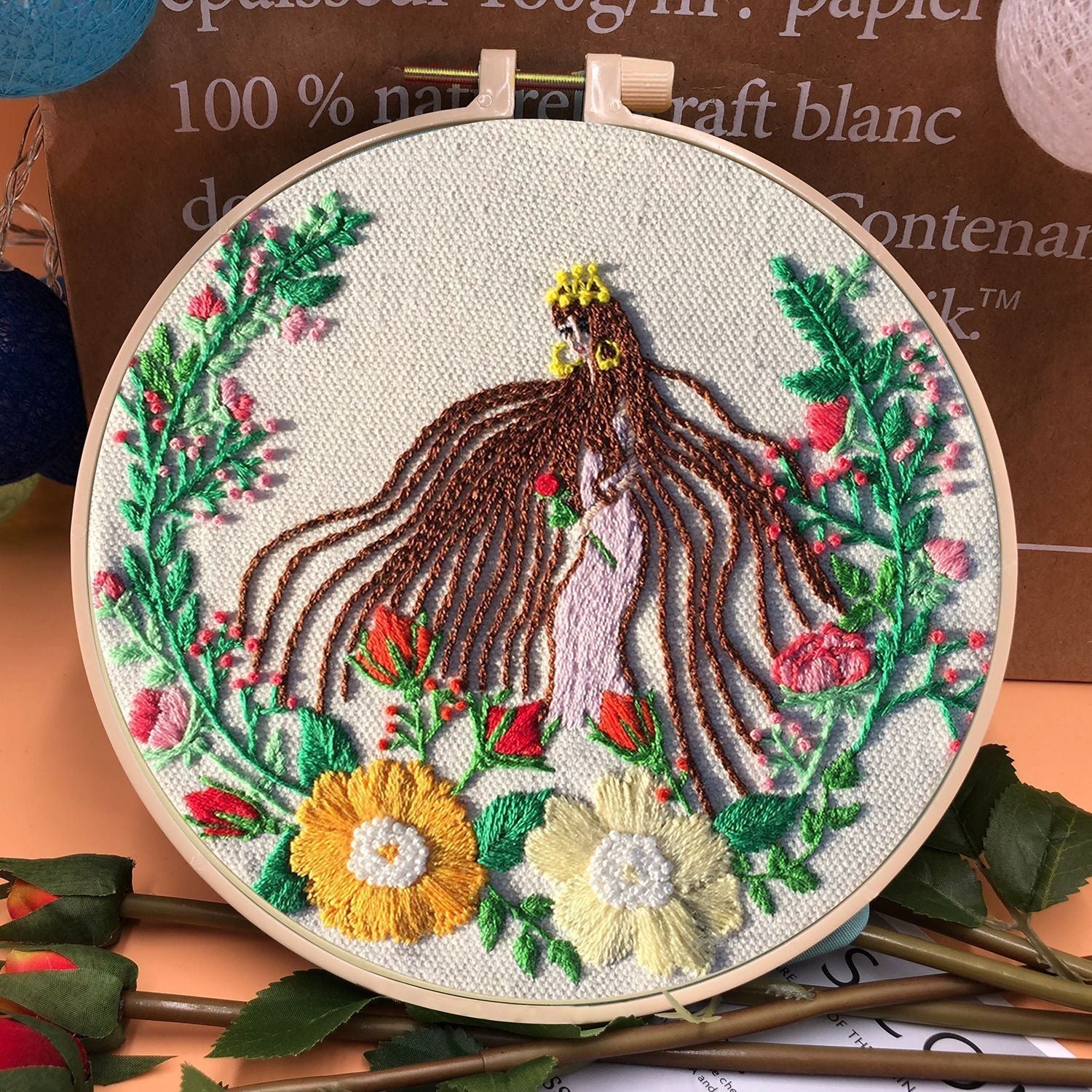 KTX-709331 Handmade Embroidery Kit with 15cm Frame - Moon Goddess, Cute Princess, Flower Fairy, Forest Princess, Earth Girl, Pure Rose, Miles Peach Blossom, Flower Cluster Designs