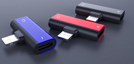 KTX-709395 Dual Lightning Audio Adapter for iPhone - Charge, Listen, Call - Compatible with Lightning Interface Models - Aluminum Alloy, 2.1A, Available in Red, Blue, Black