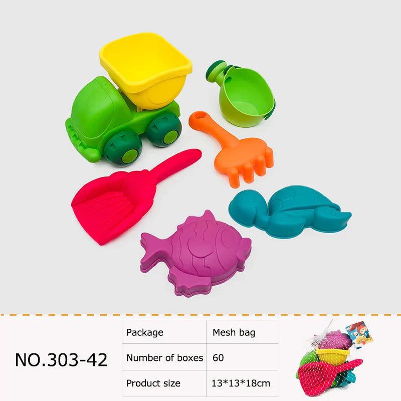 KTX-709587 Kids Outdoor Beach Toy Set - Soft Rubber Sand Molds, Bucket and Tools for Summer Fun
