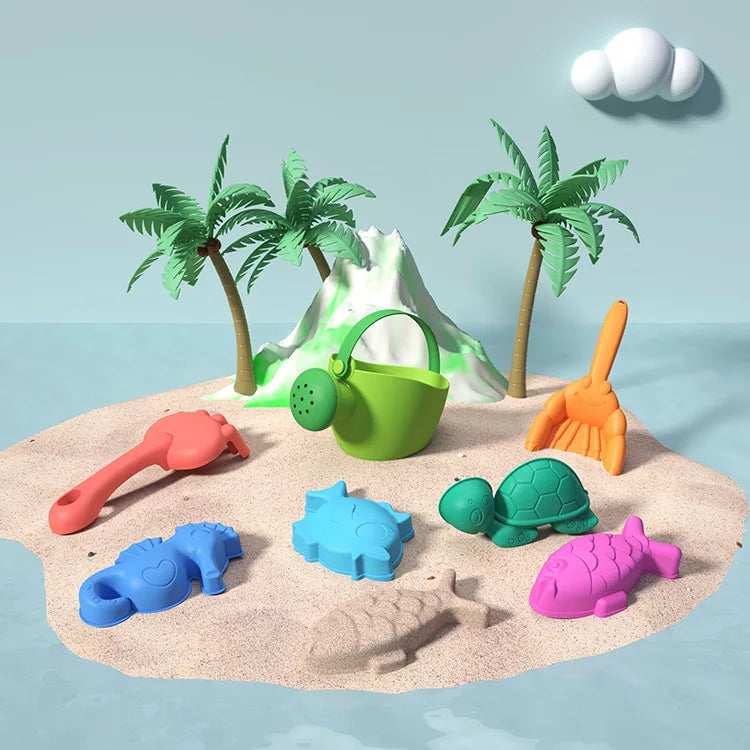 KTX-709587 Kids Outdoor Beach Toy Set - Soft Rubber Sand Molds, Bucket and Tools for Summer Fun