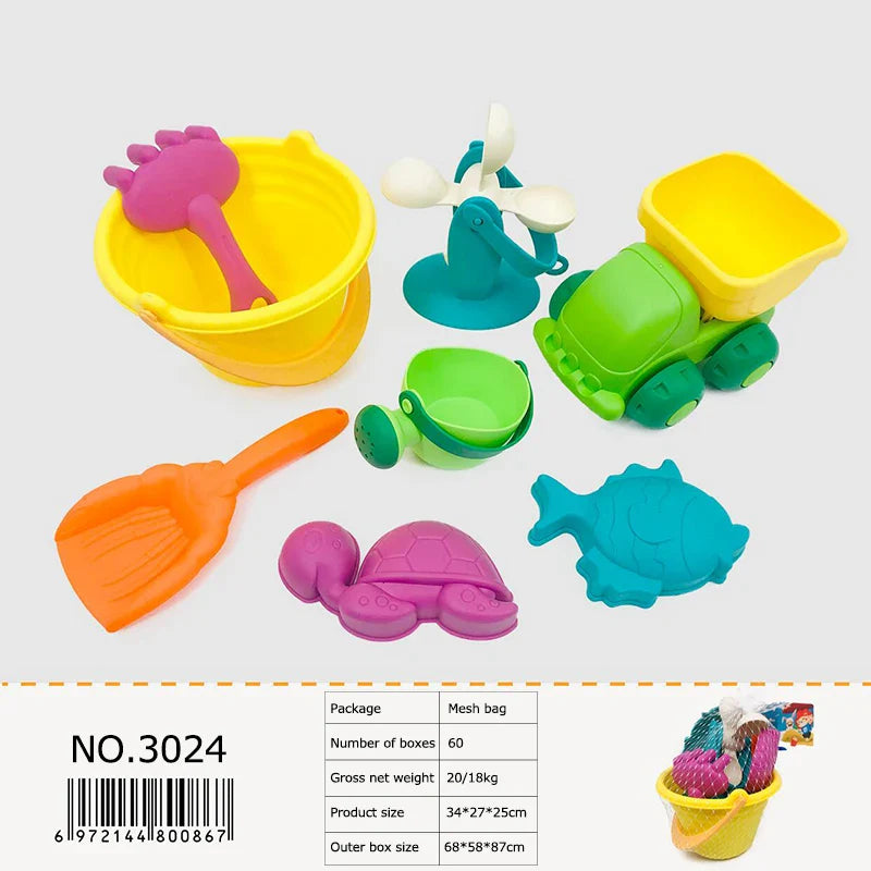 KTX-709587 Kids Outdoor Beach Toy Set - Soft Rubber Sand Molds, Bucket and Tools for Summer Fun