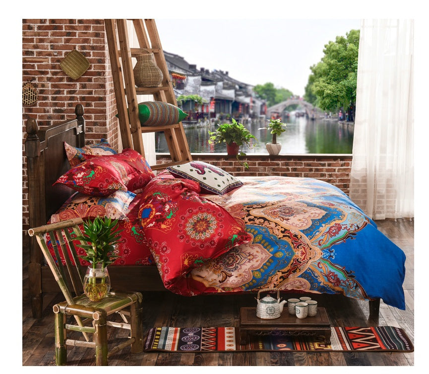 KTX-709651 Four-Piece Printed Polyester Bedding Set with Various Sizes and Pillowcase Options