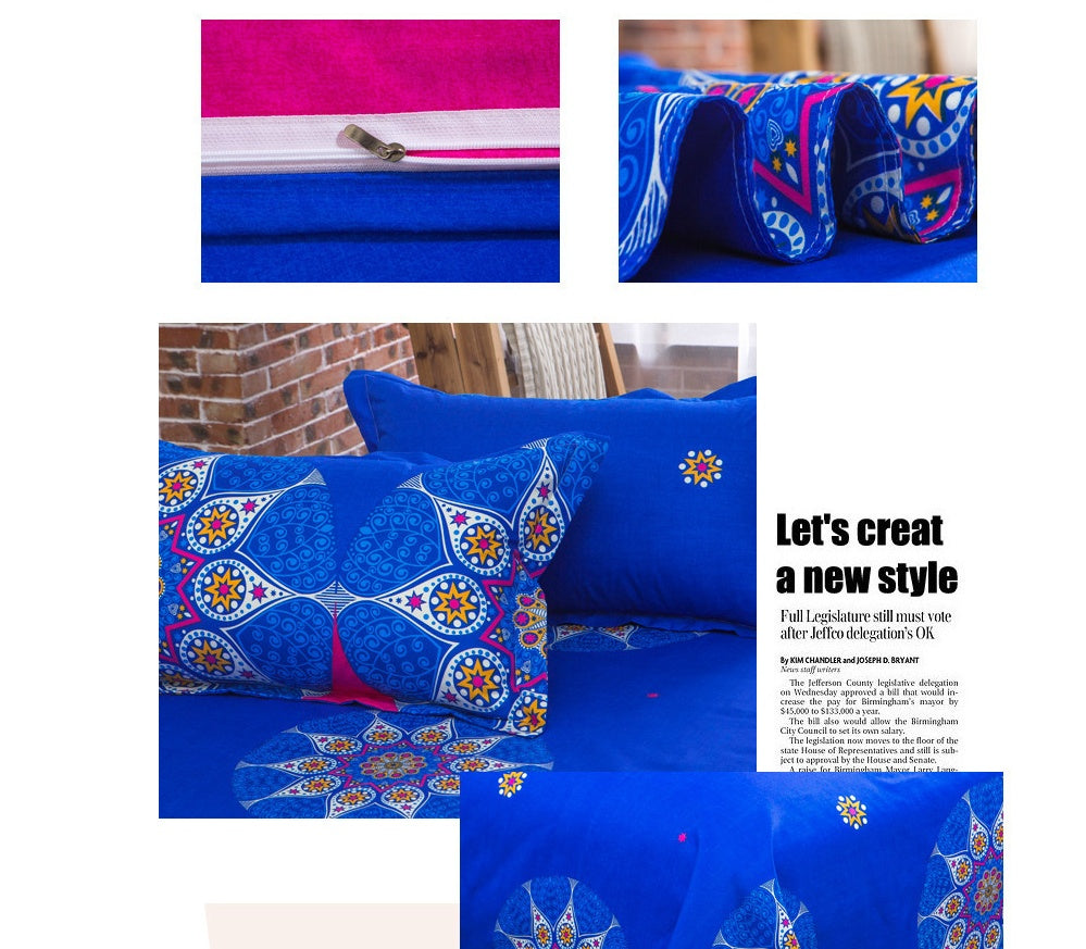 KTX-709651 Four-Piece Printed Polyester Bedding Set with Various Sizes and Pillowcase Options