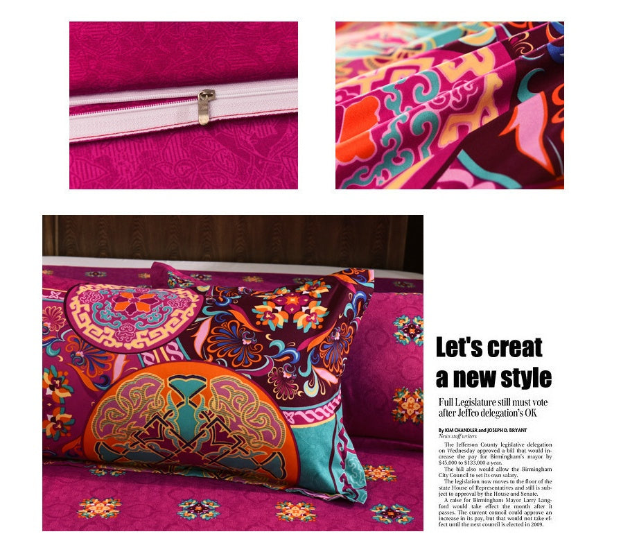 KTX-709651 Four-Piece Printed Polyester Bedding Set with Various Sizes and Pillowcase Options