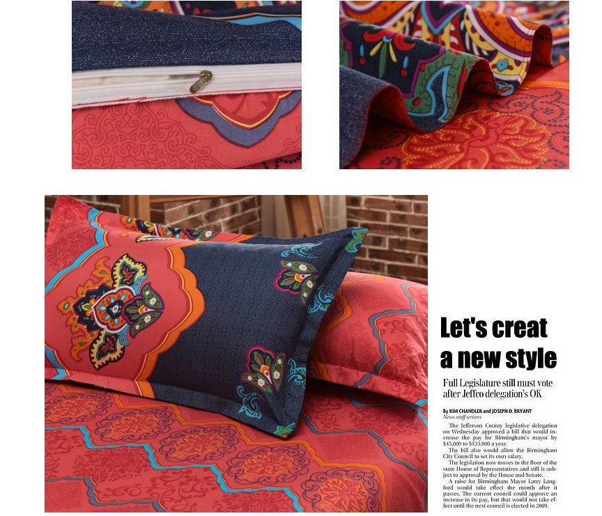 KTX-709651 Four-Piece Printed Polyester Bedding Set with Various Sizes and Pillowcase Options