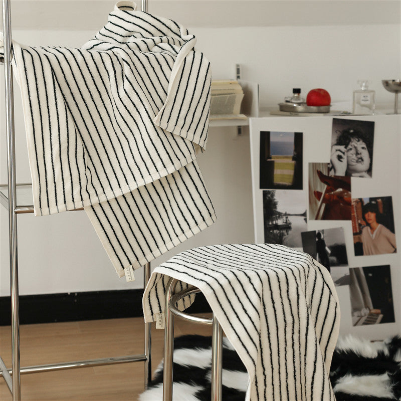 KTX-709907 Black and White Striped Combed Cotton Bath and Face Towel Set
