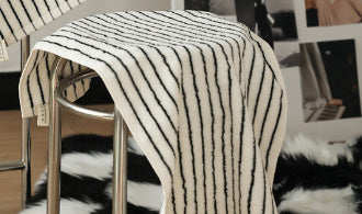 KTX-709907 Black and White Striped Combed Cotton Bath and Face Towel Set