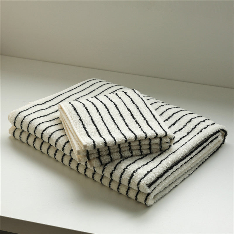 KTX-709907 Black and White Striped Combed Cotton Bath and Face Towel Set