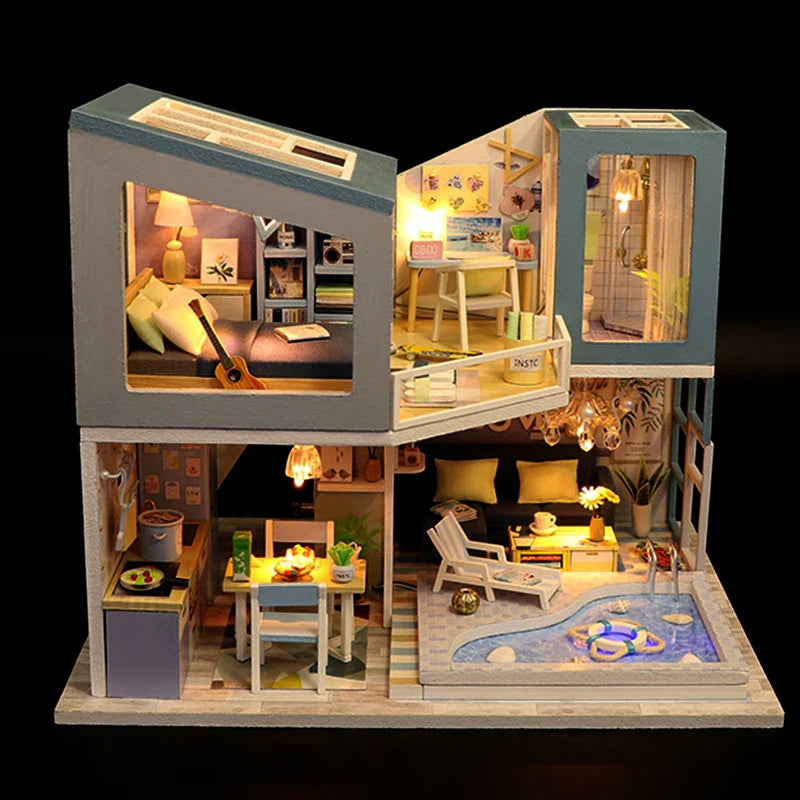 KTX-710739 Classic Wooden Dollhouse DIY Kit with Miniature Furniture for Kids Ages 6+
