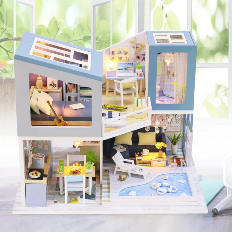 KTX-710739 Classic Wooden Dollhouse DIY Kit with Miniature Furniture for Kids Ages 6+
