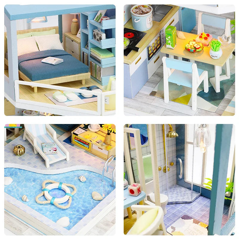 KTX-710739 Classic Wooden Dollhouse DIY Kit with Miniature Furniture for Kids Ages 6+