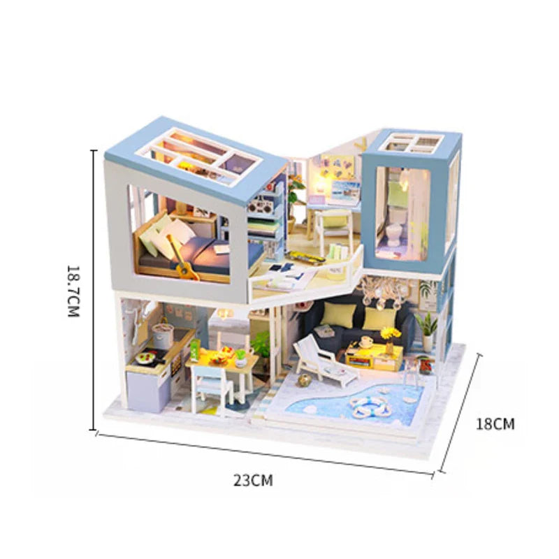 KTX-710739 Classic Wooden Dollhouse DIY Kit with Miniature Furniture for Kids Ages 6+