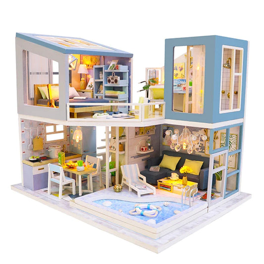 KTX-710739 Classic Wooden Dollhouse DIY Kit with Miniature Furniture for Kids Ages 6+