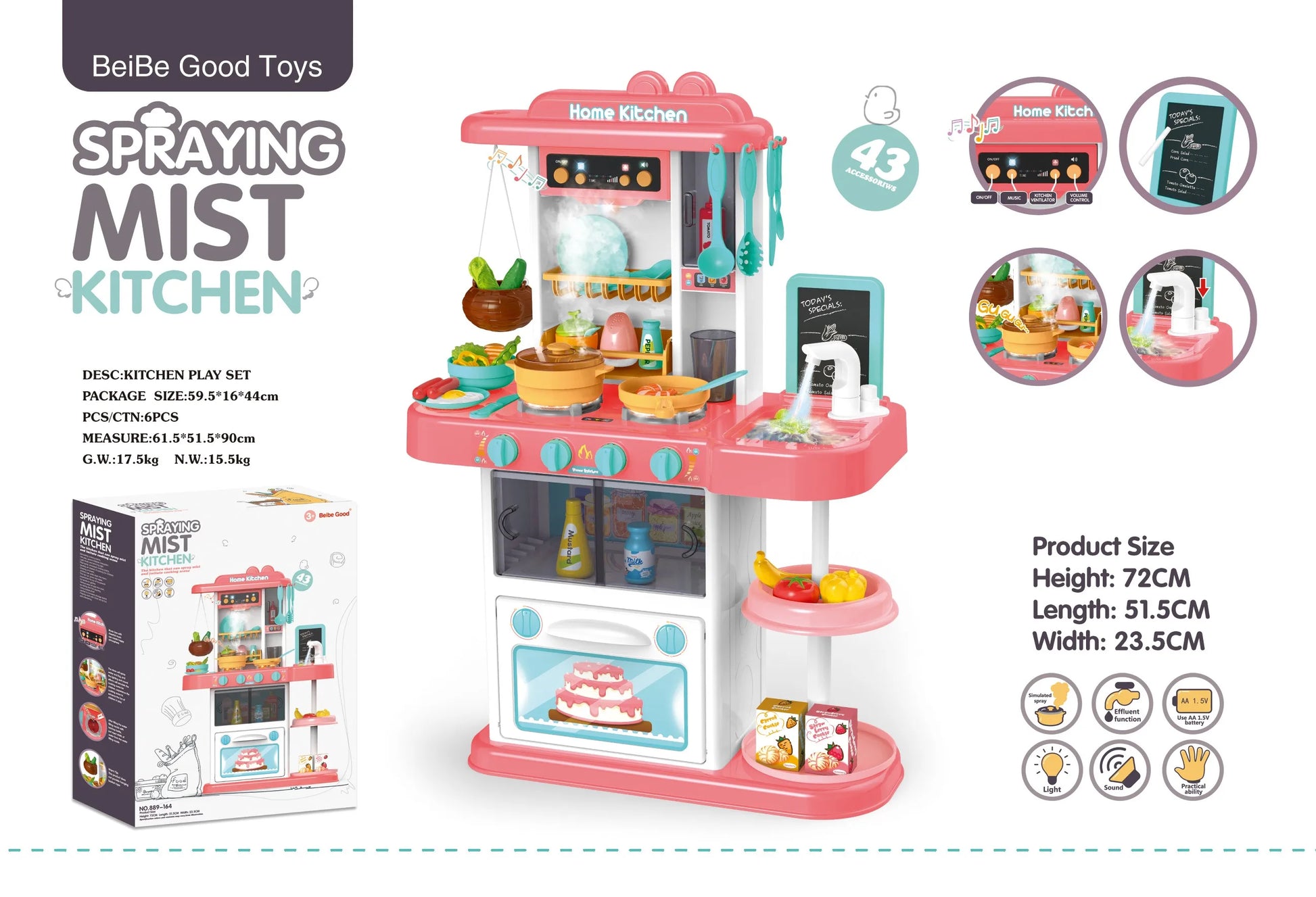 KTX-711315 Children's 43-Piece Pretend Play Kitchen Set with Realistic Lights & Sounds for Ages 2-13