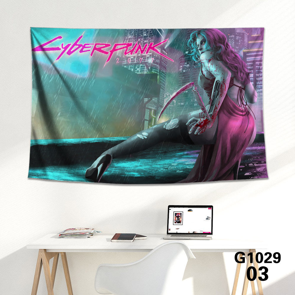 KTX-712339 Cyberpunk 2077 Tapestry Wall Cloth - 150CM x 100CM & 100CM x 66CM - 3D Digital Print Polyester Short Plush