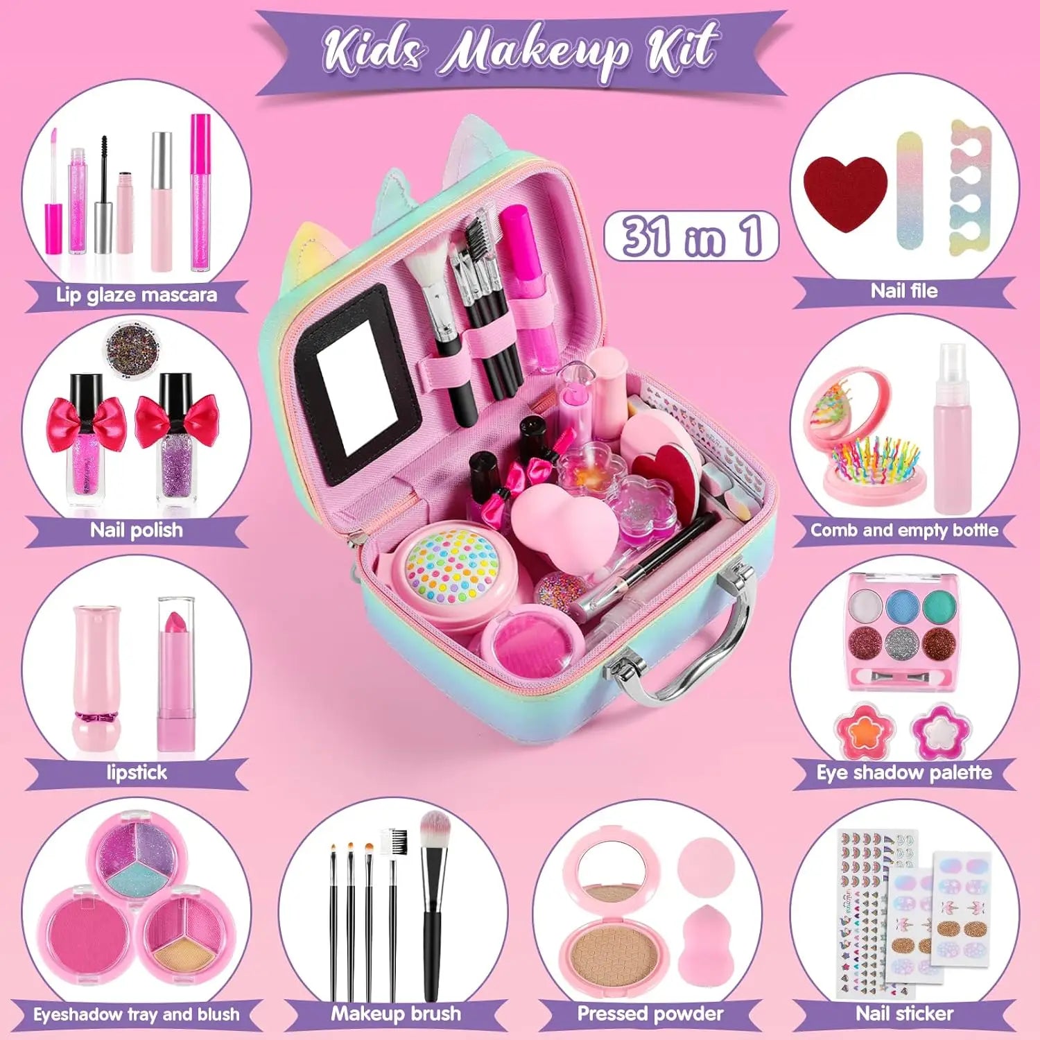 KTX-712467 Kids Pretend Play Makeup Toy Set with Portable Storage Box, Safe and Fun for Ages 2-13