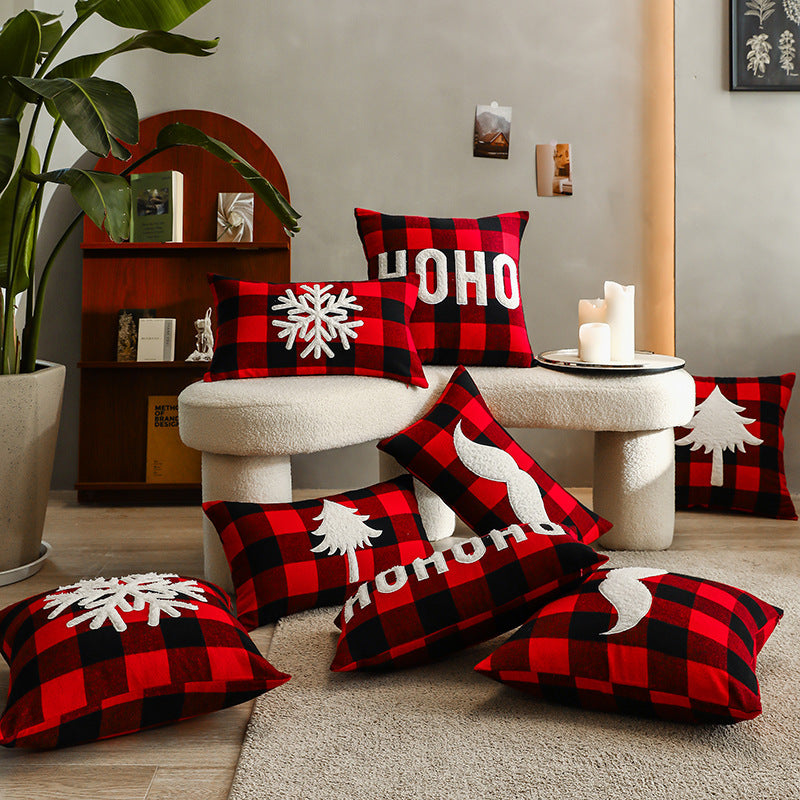 KTX-712595 Christmas Red Black Plaid Embroidered Cushion Cover - Various Designs Available