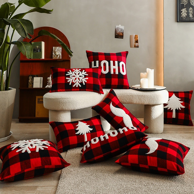 KTX-712595 Christmas Red Black Plaid Embroidered Cushion Cover - Various Designs Available