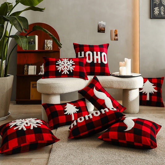 KTX-712595 Christmas Red Black Plaid Embroidered Cushion Cover - Various Designs Available