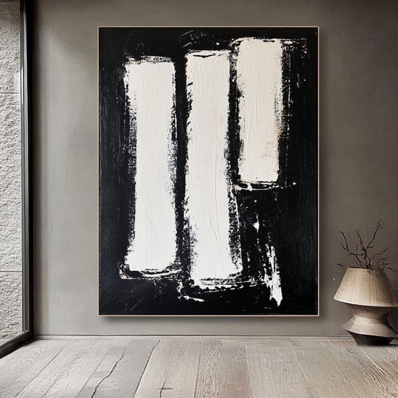 KTX-712723 Hand-Painted Black and White Abstract Oil Painting on Canvas - Unstretched Decorative Wall Art for Home Decor
